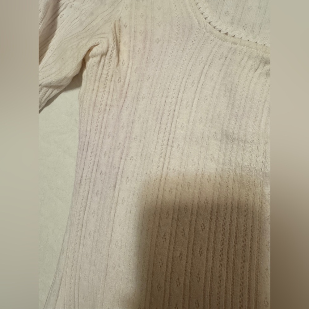 Sezane White Pointelle T-French 34/XS, 3/4 Sleeve-Light Stains, I will bleach - Picture 7 of 11